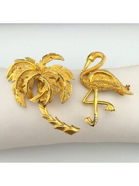 Vintage Palm Tree Flamingo Brooch Set Gold Tone Coastal Beach READ